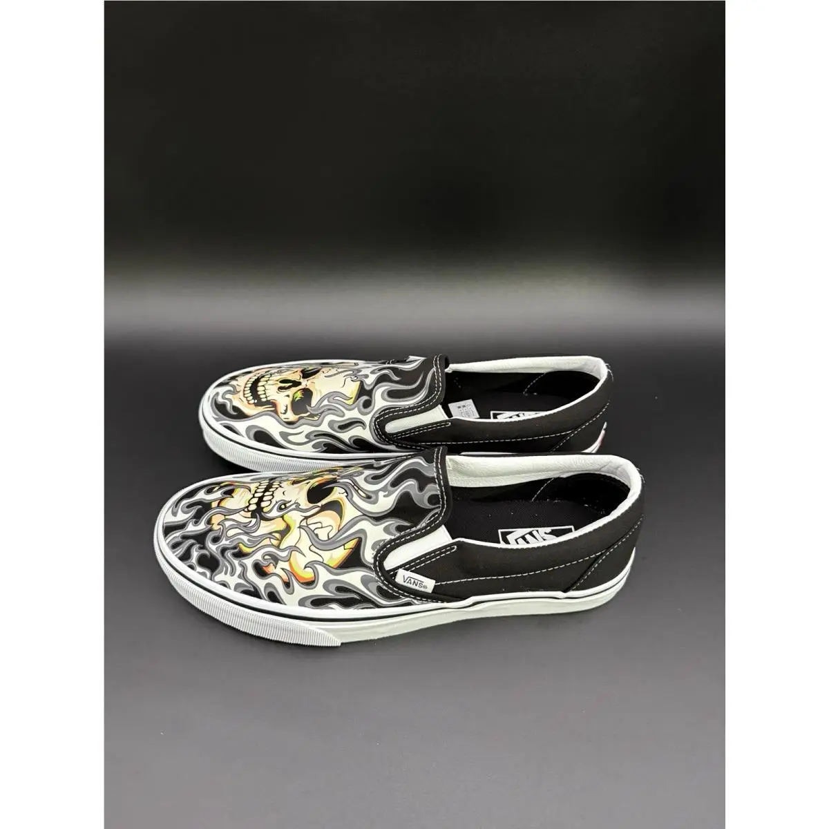 Vans Classic Slip On Flame Skull Black White Skate Shoes Men Rare Tattoo 9Q7BMX
