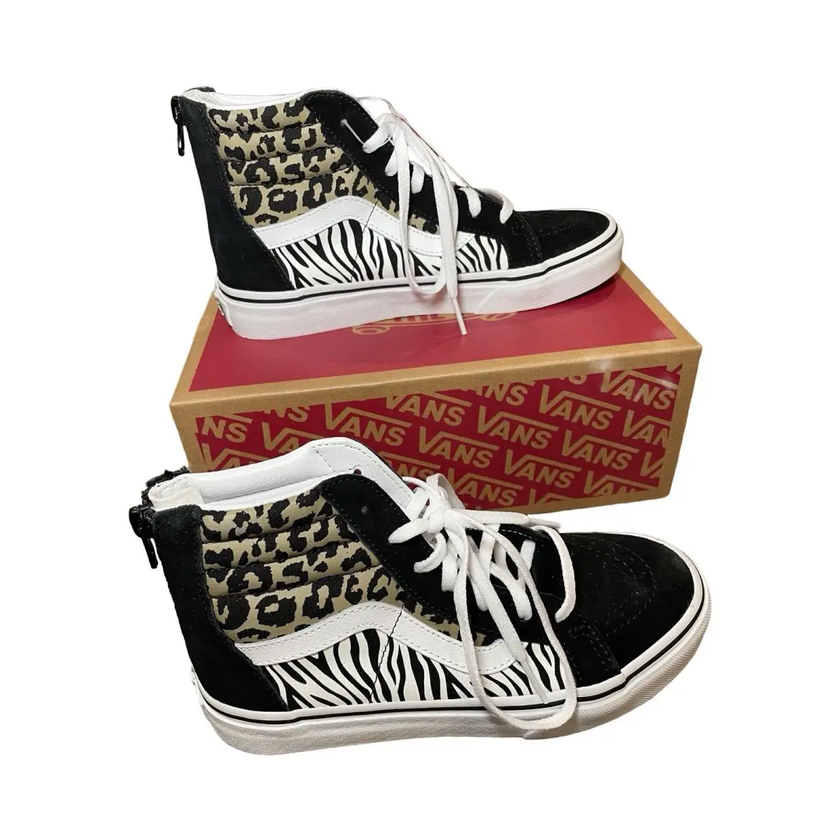 Vans Old Skool Sk8-Hi Back Zip Kid`s Size 4 Sneakers Black Animal Print