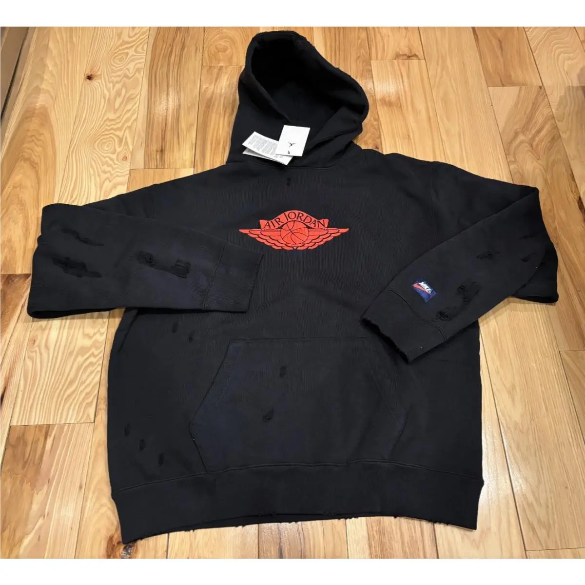 Jordan Rare Air Fleece Distressed Pullover Hoodie Black Red IB3003 010 Small