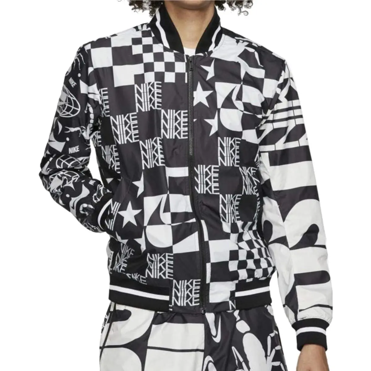 Nike Mens Bomber Jacket XS Black White Polyester Abstract Print Graphic Streetwe