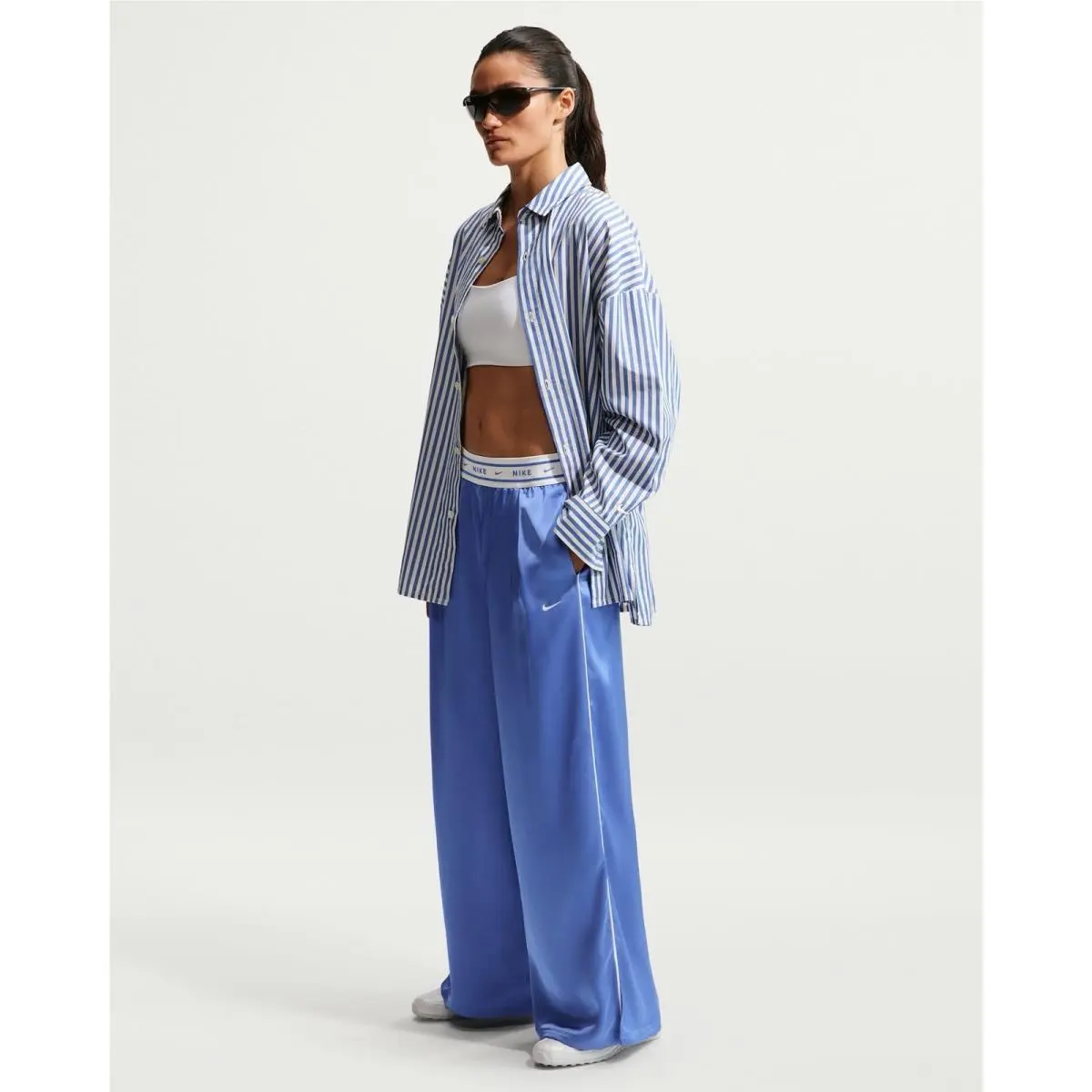 Nike Sportswear Women`s Loose Mid-rise Satin Pants Light Medium Blue/sail Size L