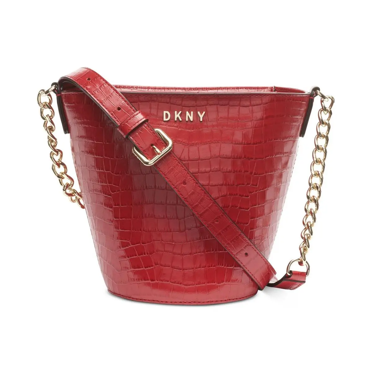 Dkny Bucket Bag Crossbody Red Croc Embossed Patent Leather Gold Top Zip