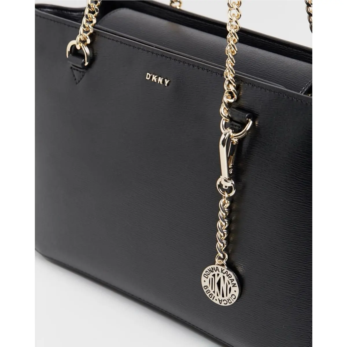 Dkny Bryant Park Black Coated Leather Medium Shopper Chain Tote W/charm Rare