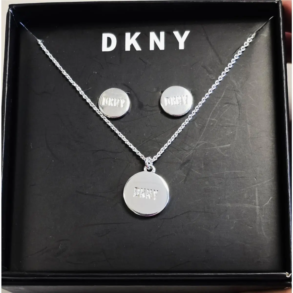 Dkny Set Silver Tone Round Signature Logo Necklace + Matching Stud Earrings by DKNY
