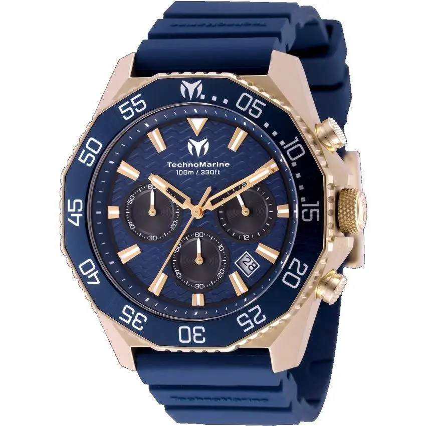 Technomarine Mare Vivo Mens Watch 44mm Blue Rose Gold Chrono Watch TM-225073 - Dial: Black, Blue, Band: Blue, Bezel: Blue, Rose Gold, Silver