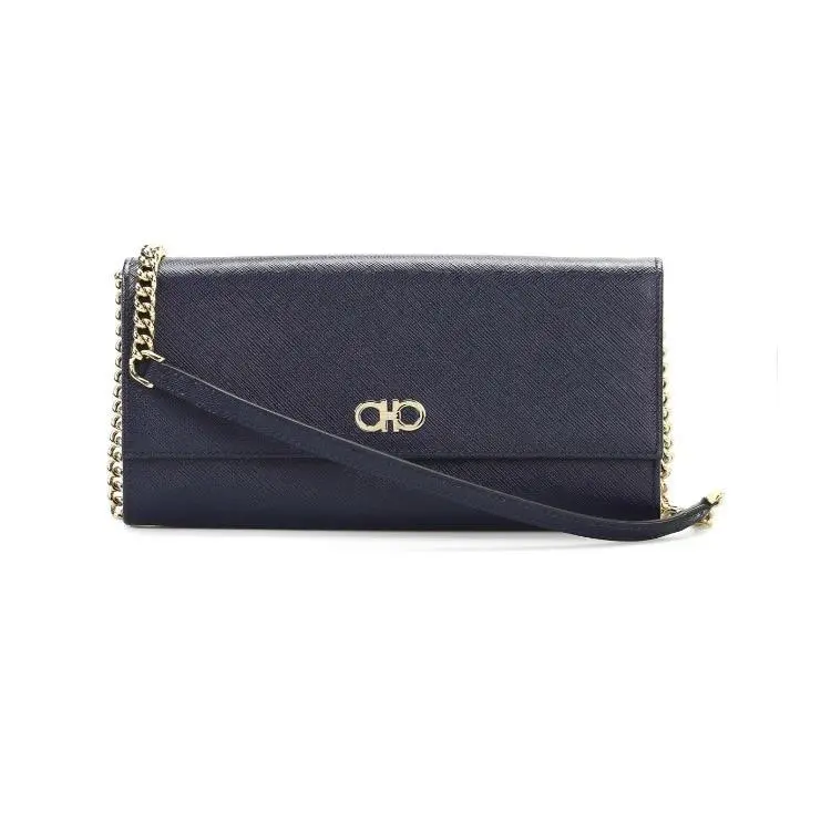Salvatore Ferragamo Dark Blue Wallet Clutch with Gold Cha