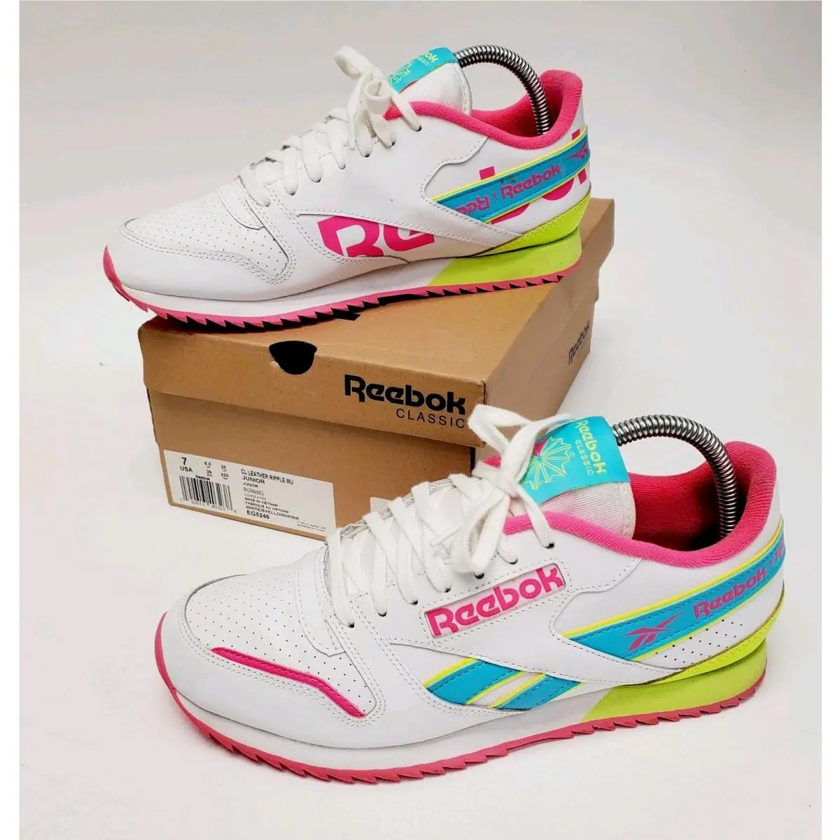 Retro 1980s Reebok Women`s Size 7 Sneakers Leather Ripple MU Neon Multicolor