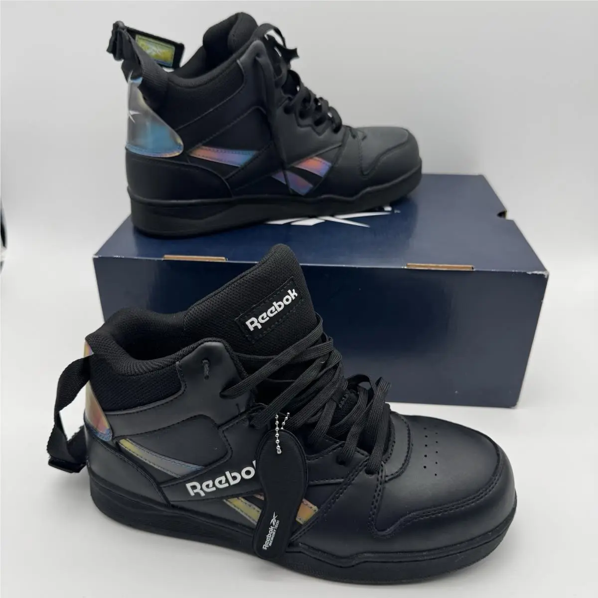 Reebok Womens High Top Work Sneaker 9.5 Wide Comp Toe Black Holograph EH SR