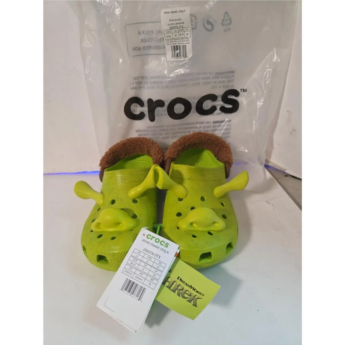 Crocs Shrek Classic Clogs Green Brown Size Kids J4 - Complete with Bag / Tags