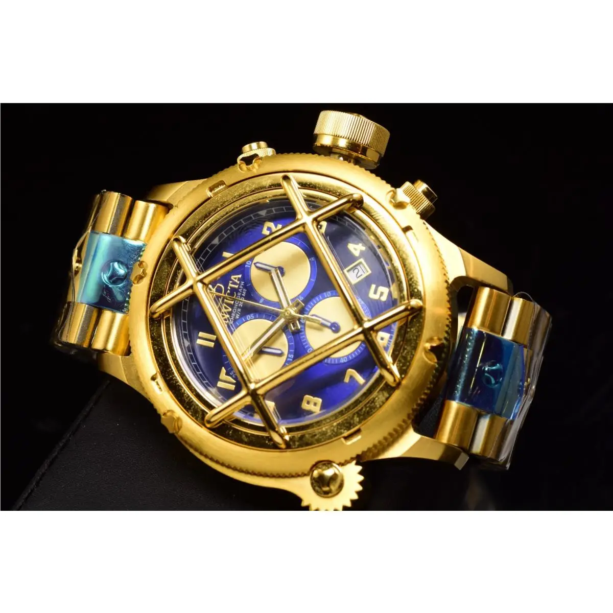 Men`s Russian Diver Nautilus Swiss Chrono Cage Dial 18k GP SS Watch by Invicta