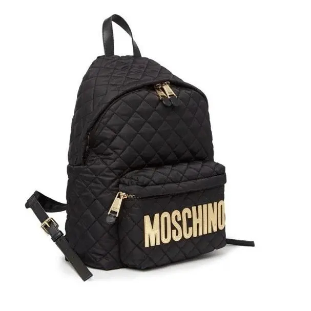 Moschino Milano 7B7608 Quilted Nylon Backpack Black Gold Logo Leather Trim