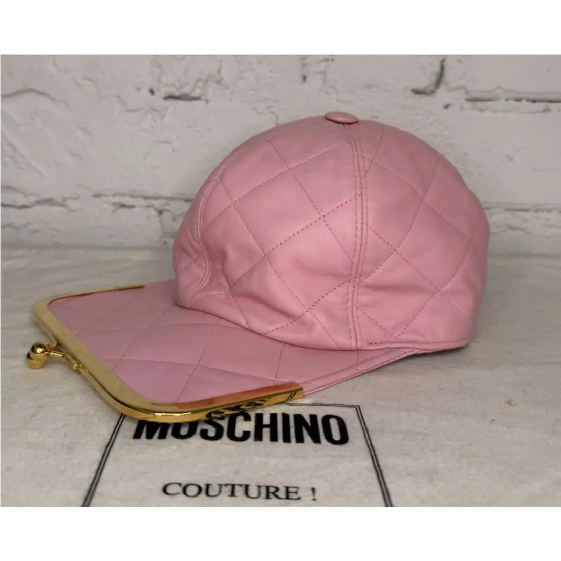 AW21 Moschino Couture Jeremy Scott Pink Quilted Nappa Hat Shaped Kisslock Purse