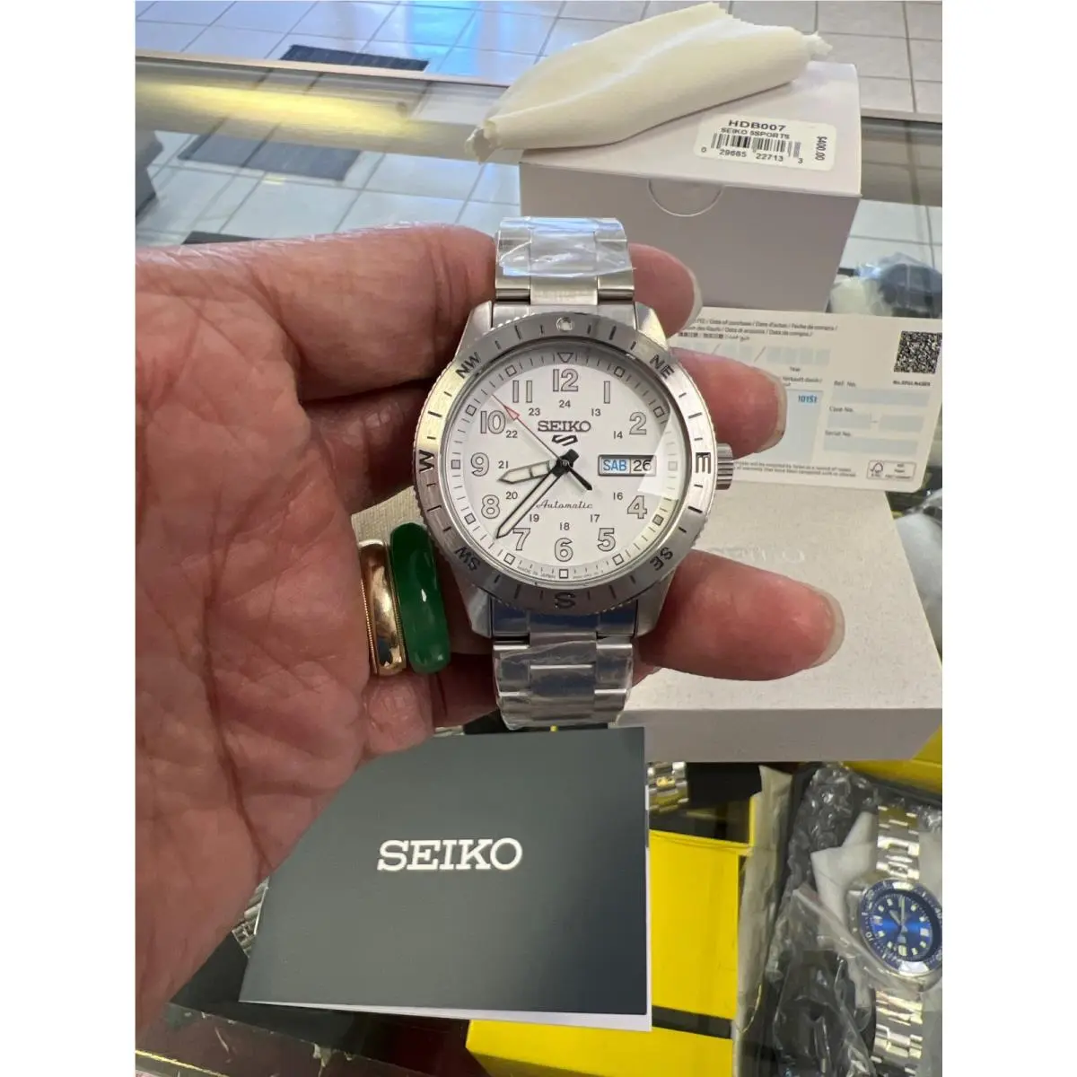 5 Sports Automatic White Dial Steel Men`s Field Watch HDB007 Made In Japan by Seiko