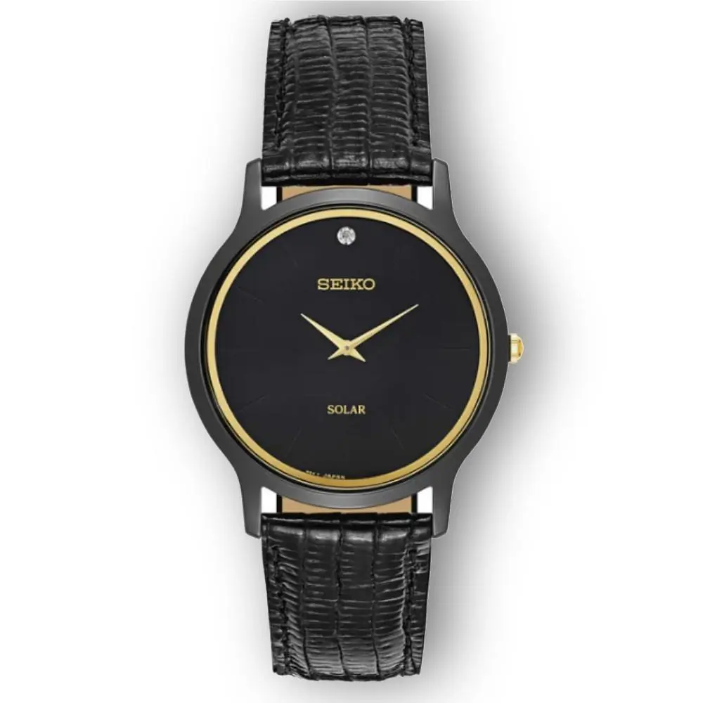 Seiko Unisex Solar Stainless Steel Case Black Leather Black Watch - SUP875