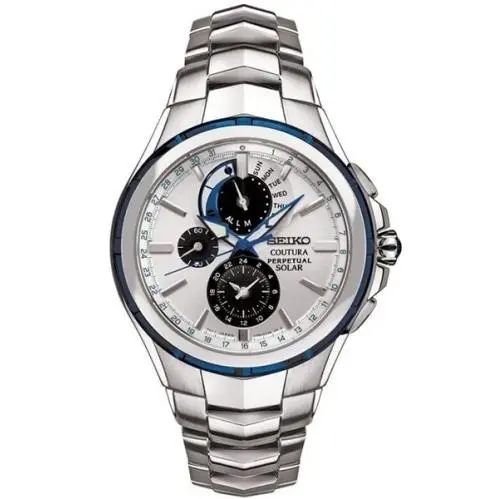 Seiko SSC787 Coutura Perpetual Calendar Alarm Solar Silver Tone Men`s Watch - Dial: Silver, Band: Silver, Bezel: Silver