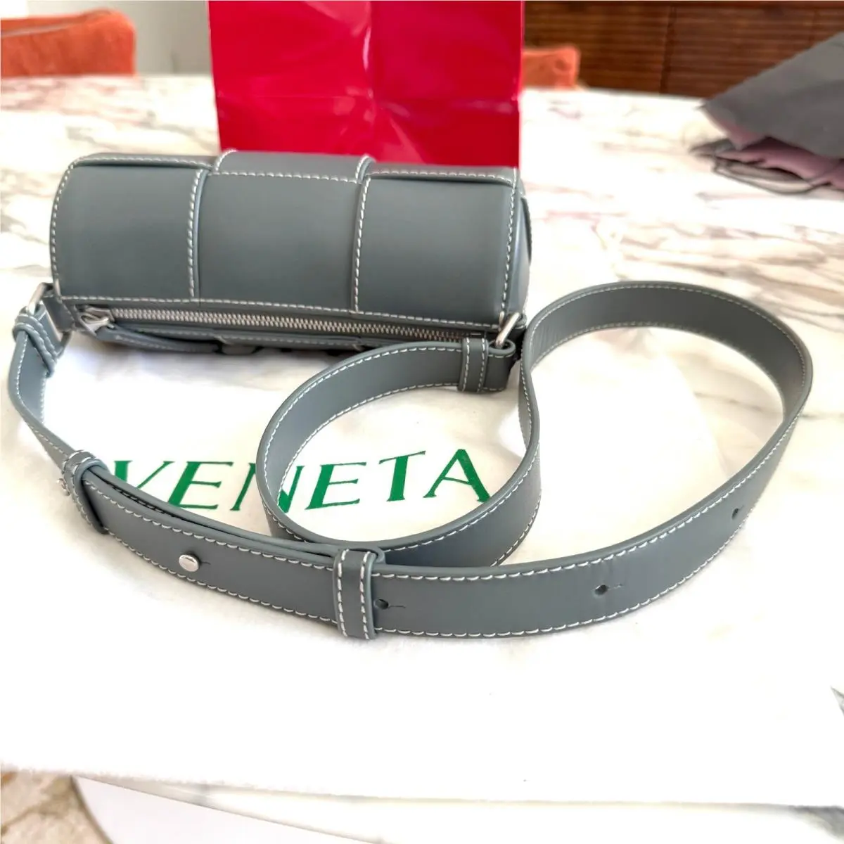Bottega Veneta 741561 Urban Leather Stitch Blue Barrel Bag Crossbody