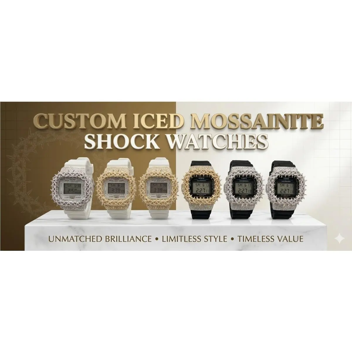 Moissanite G Shock Watch by  5600 Model White Color Band Gold Color Bezel Black by Casio