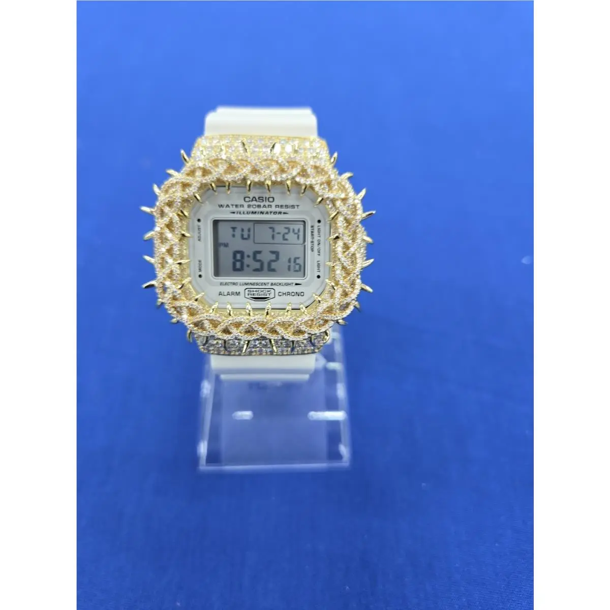 Moissanite G Shock Watch  5600 Model White Color Band Gold Color Bezel by Casio