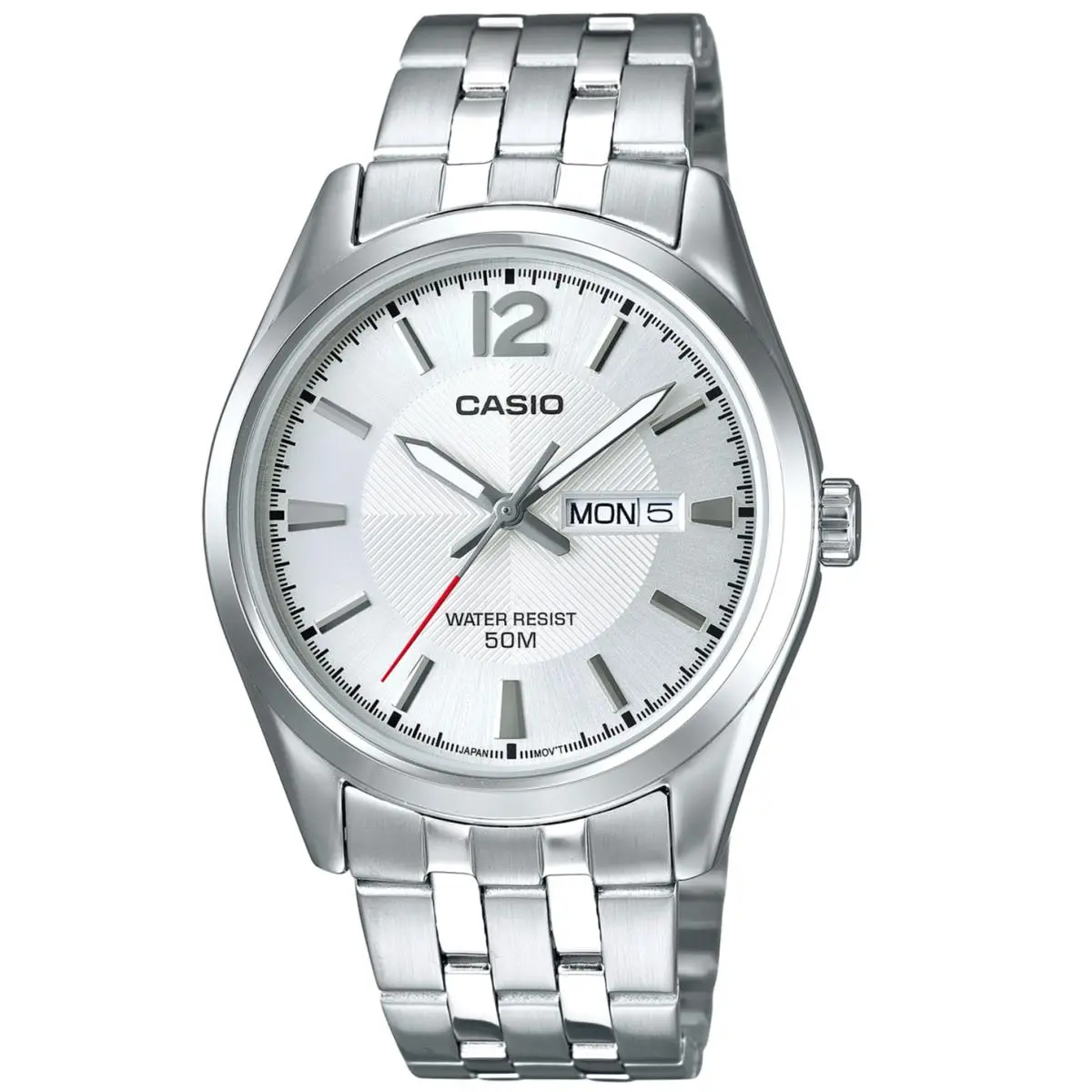 Casio Mens Silver Dial Analog Quartz Watch Steel Band Day Date 50M MTP-1335D-7AV