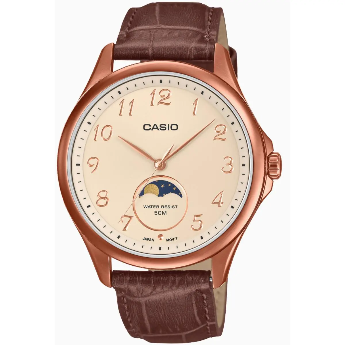 Moon Phase Mens Rose Gold Tone Cream Dial Leather Watch 50M MTP-M110RL-5AV by Casio