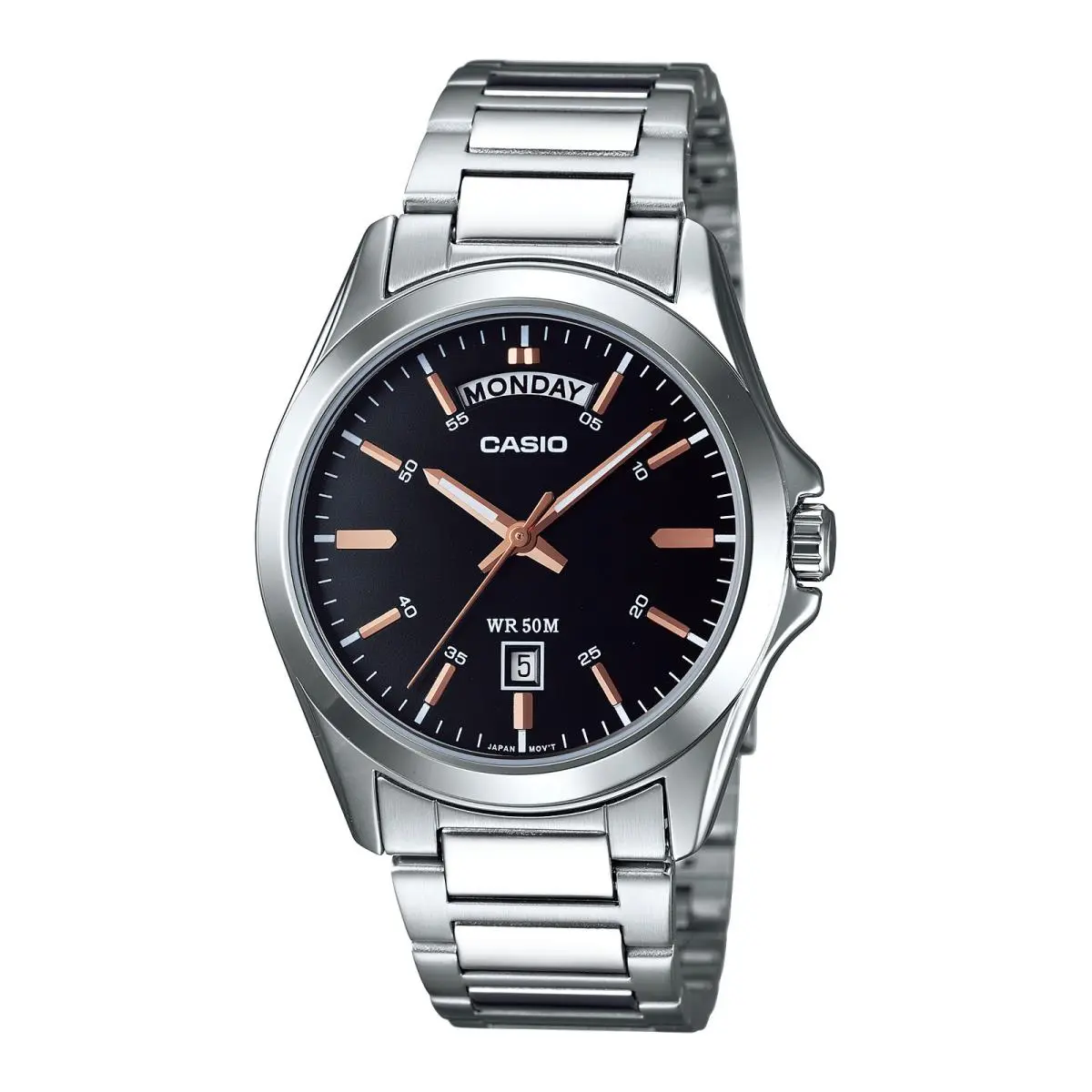 Men`s Stainless Steel Watch Black Dial Day Date 50M Water WR MTP-1370D-1A2 by Casio