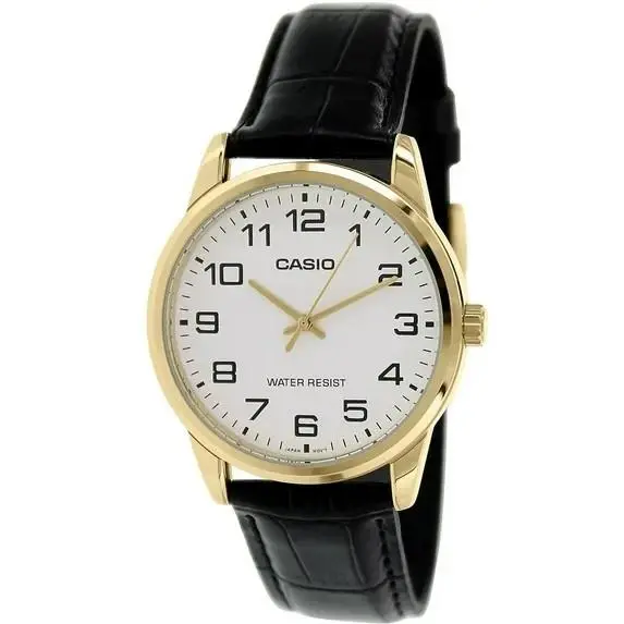 Casio Black Leather Gold Bezel Quartz Men`s Watch MTP-V001GL-7BUDF