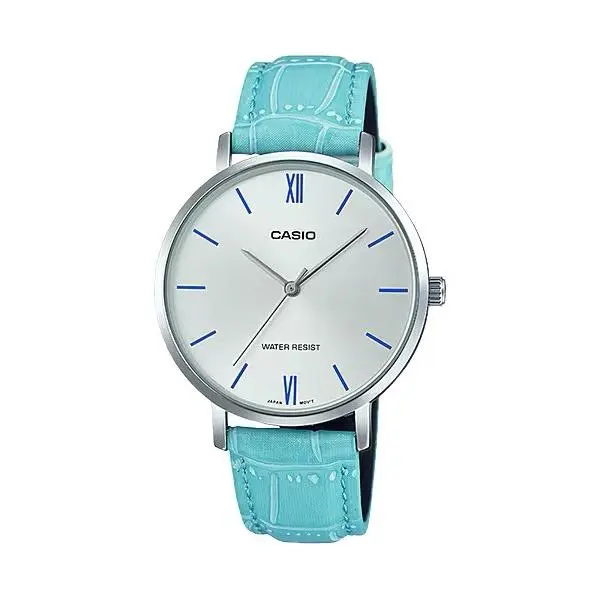 Casio Women’s Silver Dial Light Blue Leather Strap Watch - LTP-VT01L-7B3UDF