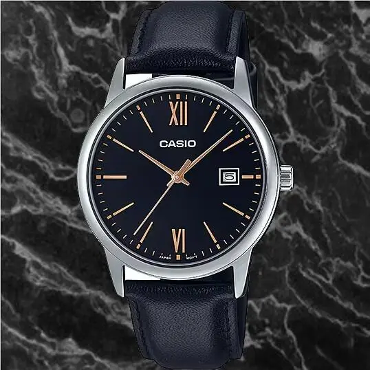 Casio MTP-V002L-1B3 Mens Analog Watch Leather Band Black Date Display