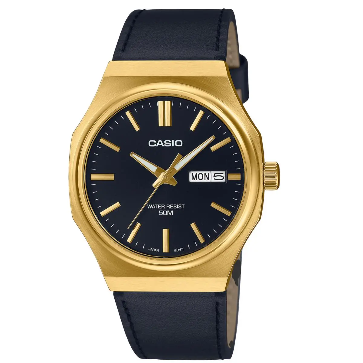 Casio Mens Classic Gold Octagon Leather Watch Black Dial Day Date MTP-E735GL-1AV