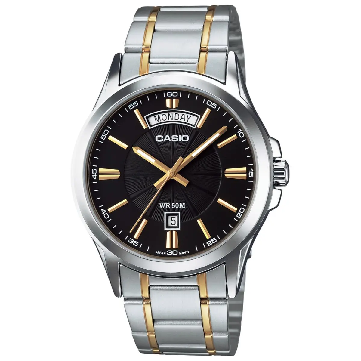 Casio Men`s Gold Stainless Steel Black Dial Watch Day Date 50M WR MTP-1381G-1AV
