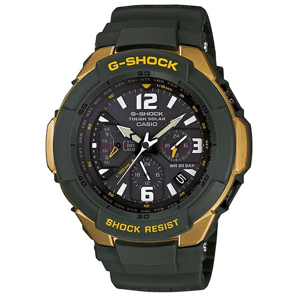 Casio Tough Solar Gravity Defier World Time Alarm Men`s Watch G-1200G-1A - Dial: Black, Band: Black, Bezel: Green