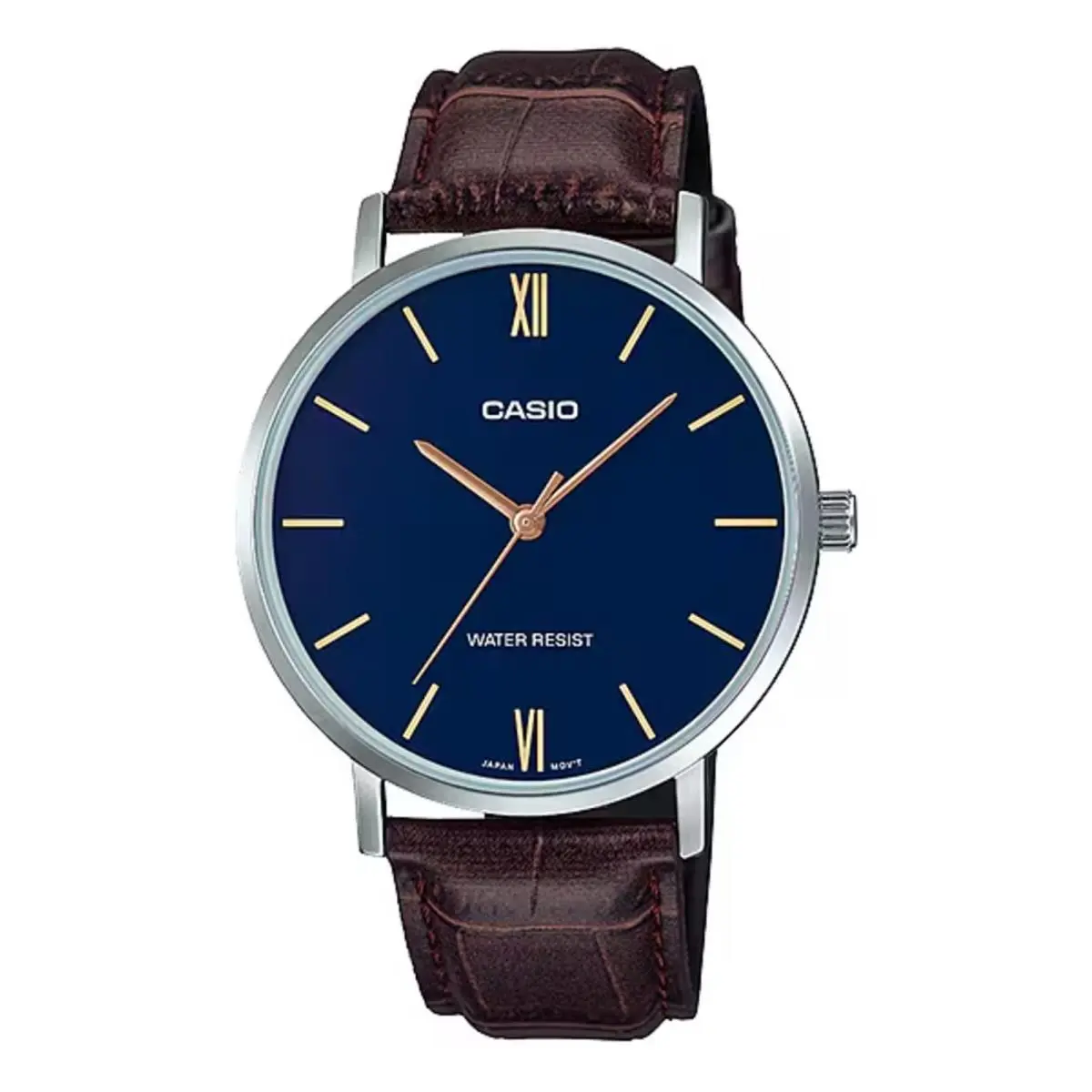 Casio Men’s Brown Leather Watch with Blue Dial – MTP-VT01L-2BUDF