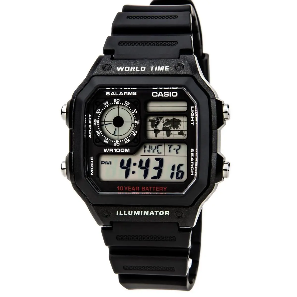 Casio Unisex Watch Classic World Timer Grey Digital Dial Black Strap AE1200WH-1A - Dial: Grey, Band: Black
