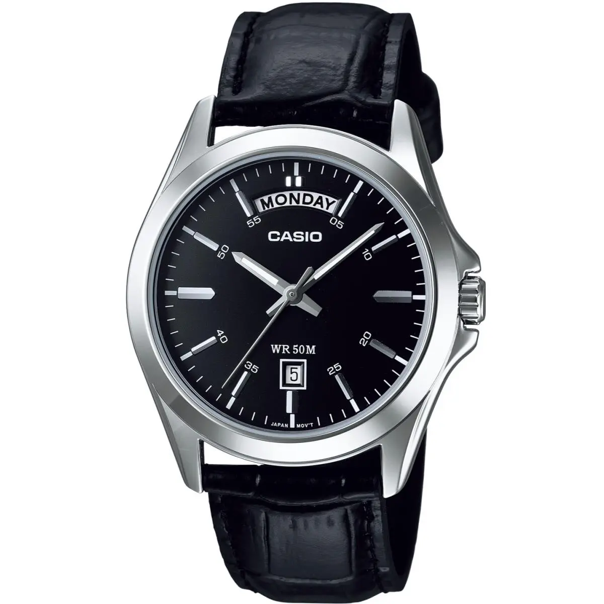 Casio Mens Analog Watch Day Date Wide Display Leather Strap 50M WR MTP-1370L-1AV