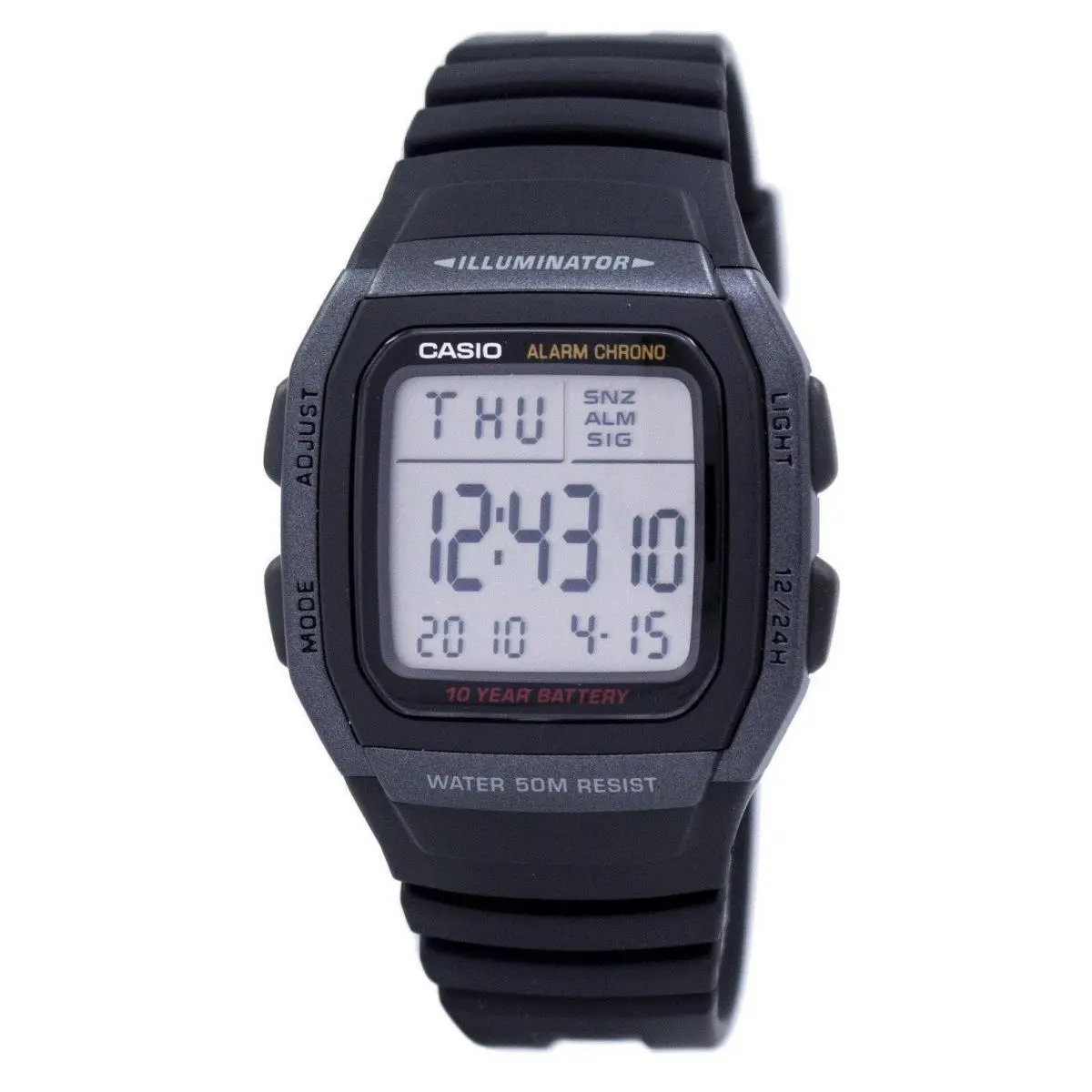 Casio Digital Illuminator Stopwatch Dual Time Grey Dial W-96H-1BVDF Mens Watch - Dial: Grey, Band: Black, Bezel: Grey