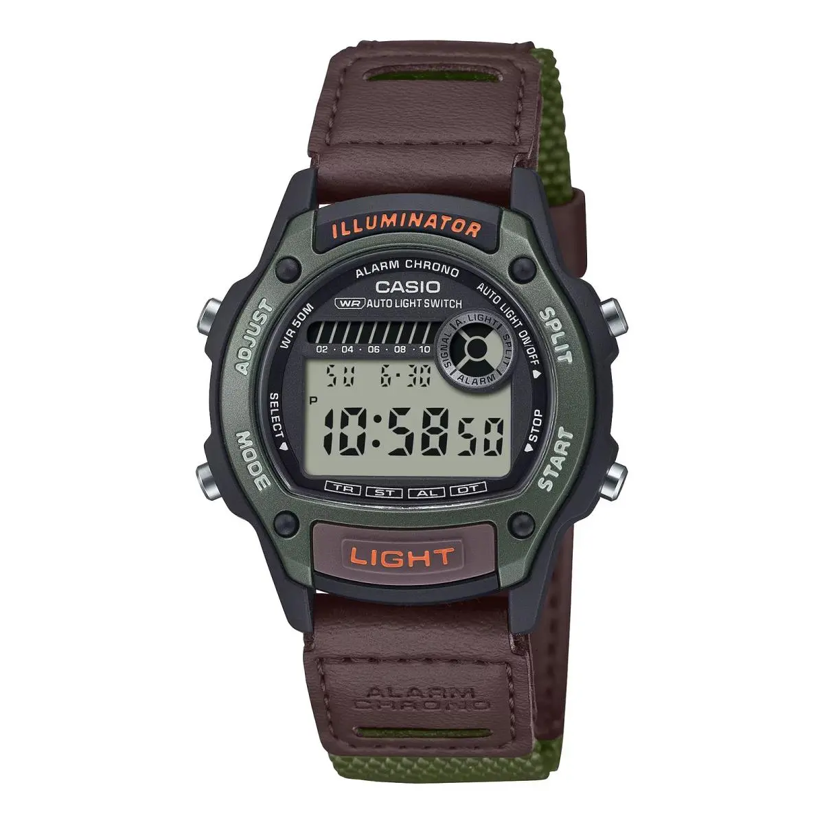 Casio Men’s Digital Illuminator Chronograph Watch with Brown and Green Strap - Brown
