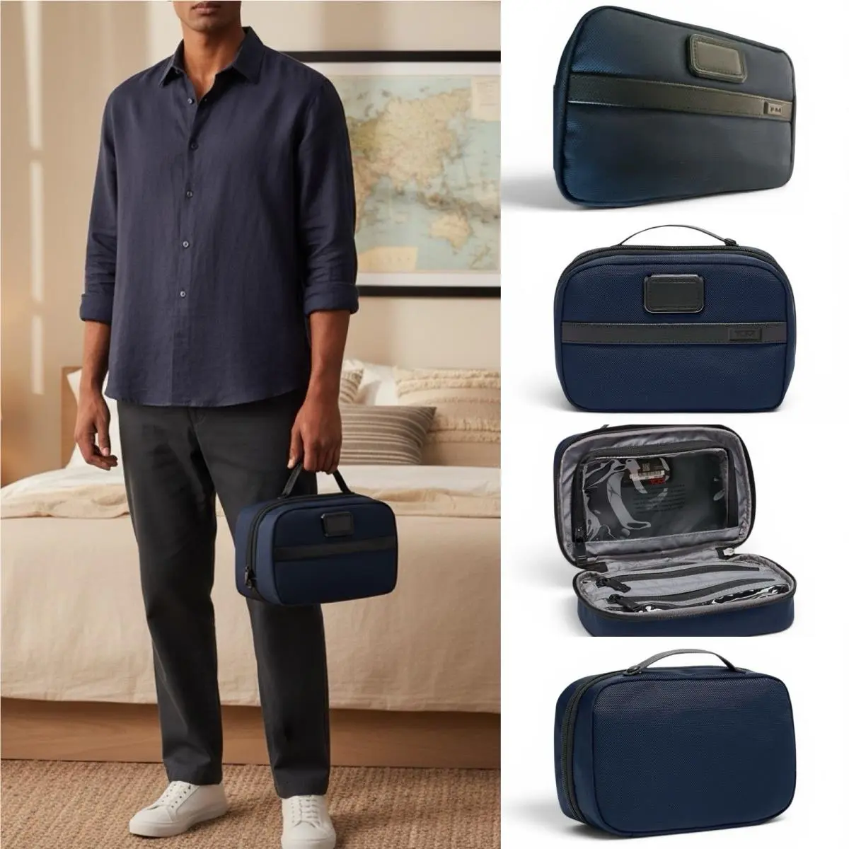 Tumi Alpha 3 Split Travel Kit Blue Ballistic Nylon Toiletry Leather Handle