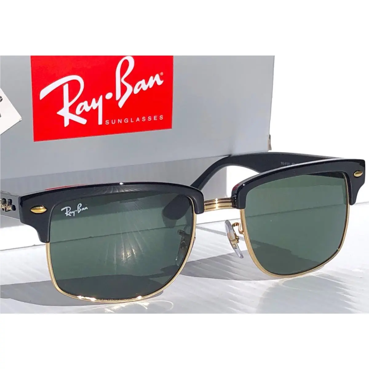 Ray Ban Clubmaster Black Polished Gold 52mm w/ Green Lens Sunglass RB4190 601/71
