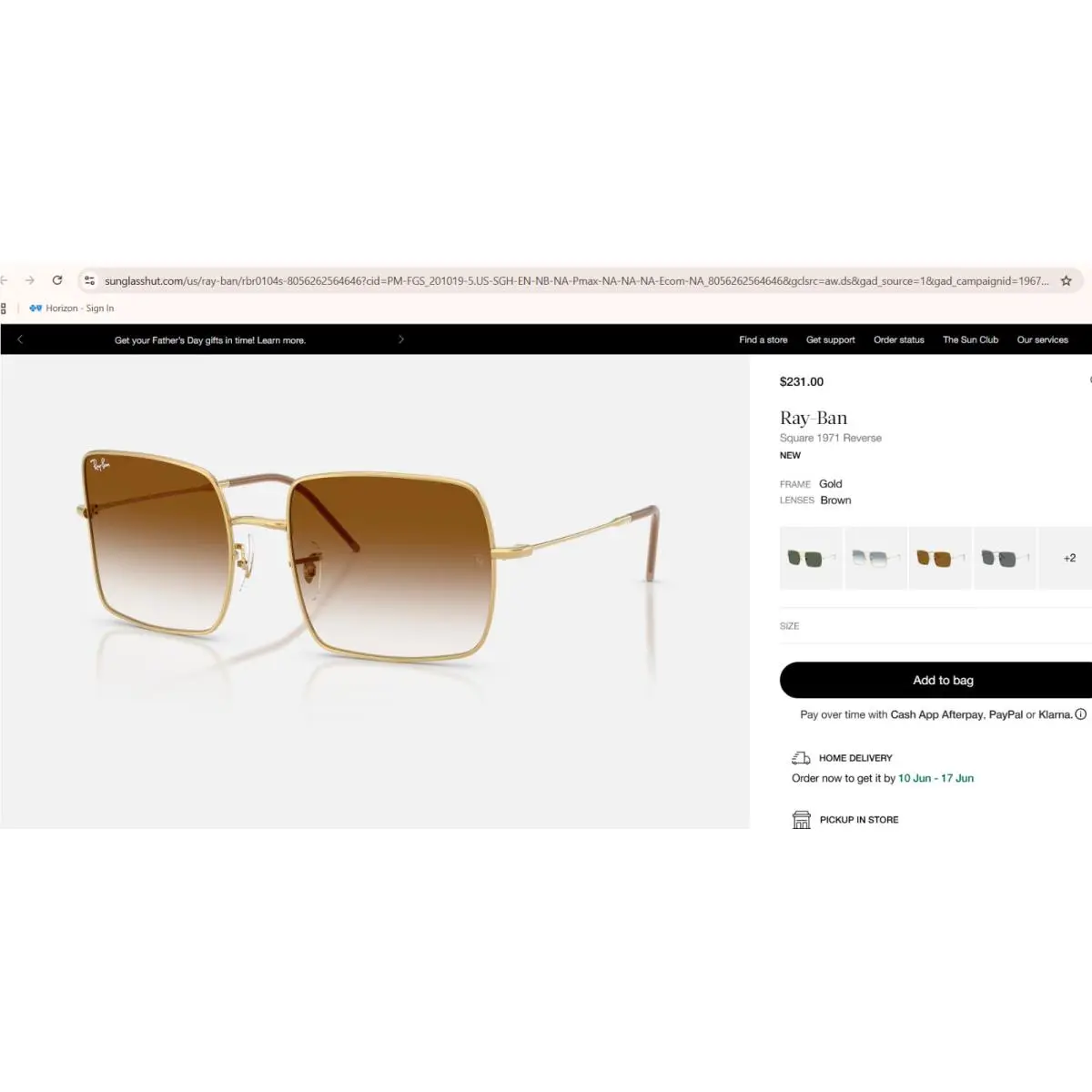 Women`s Ray-ban RB1971 Square Metal Sunglasses Arista Gold / Light Brown