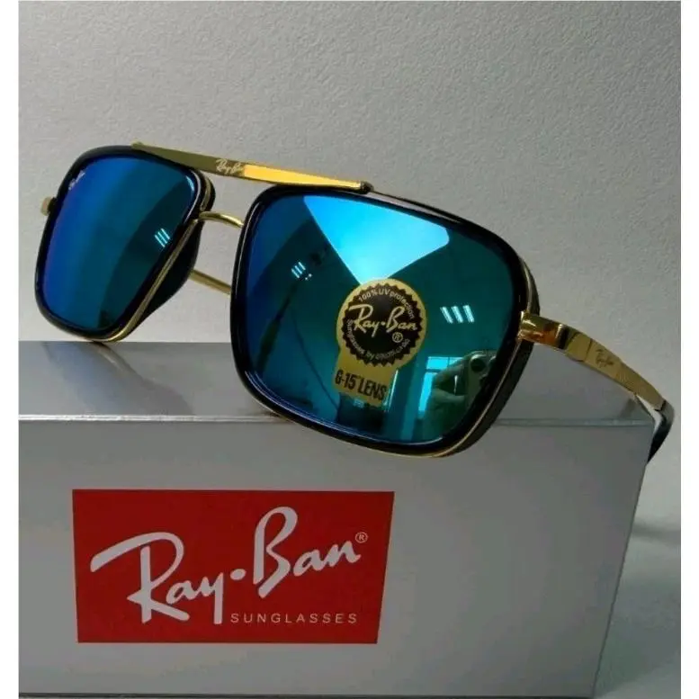 Ray-ban RB4413 Sunglasses Black Gold Wind-proof Frame Blue Mirror Spring Hinges