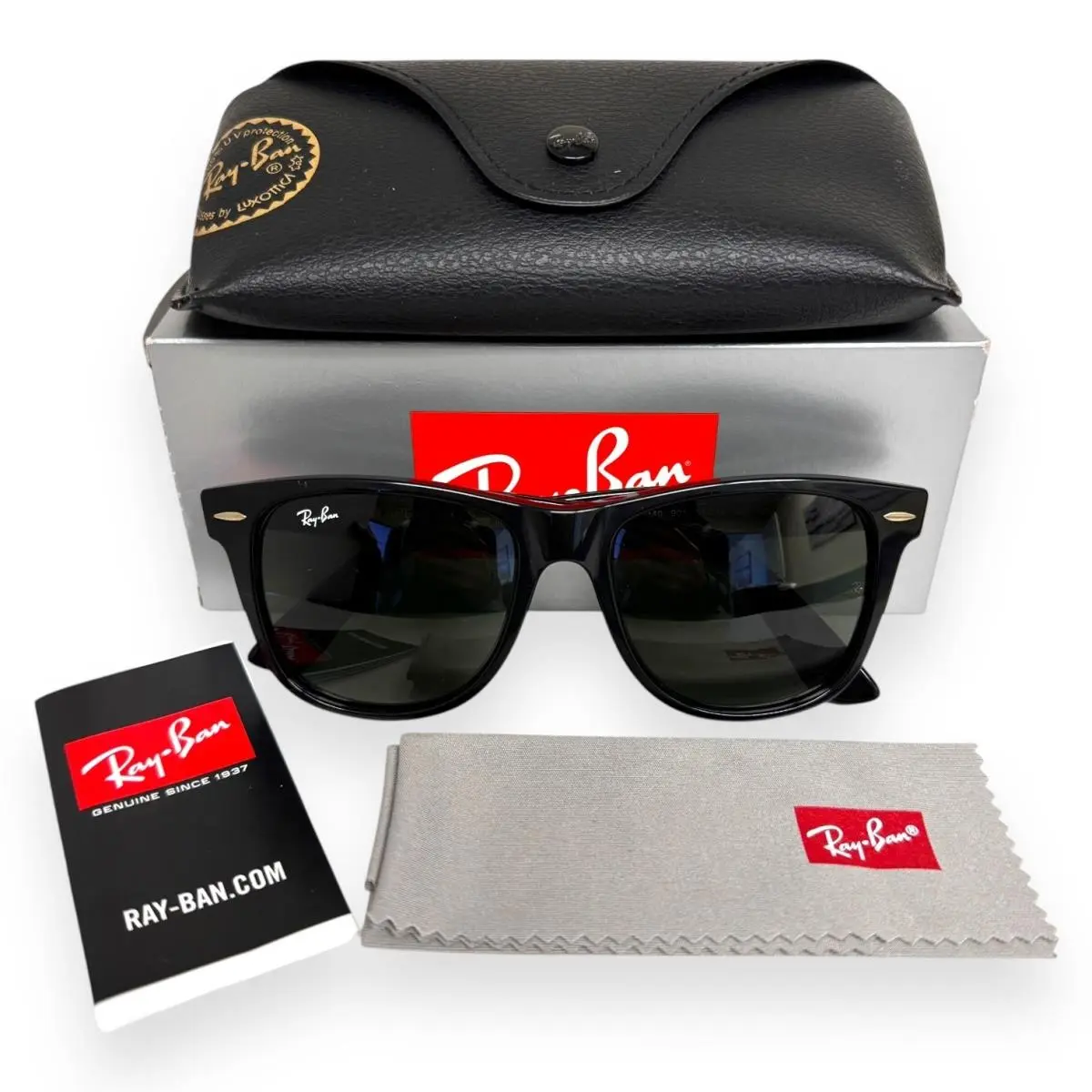Ray-ban Wayfarer Sunglasses RB2140 901 Shiny Black Green Glass 54mm Large W/case