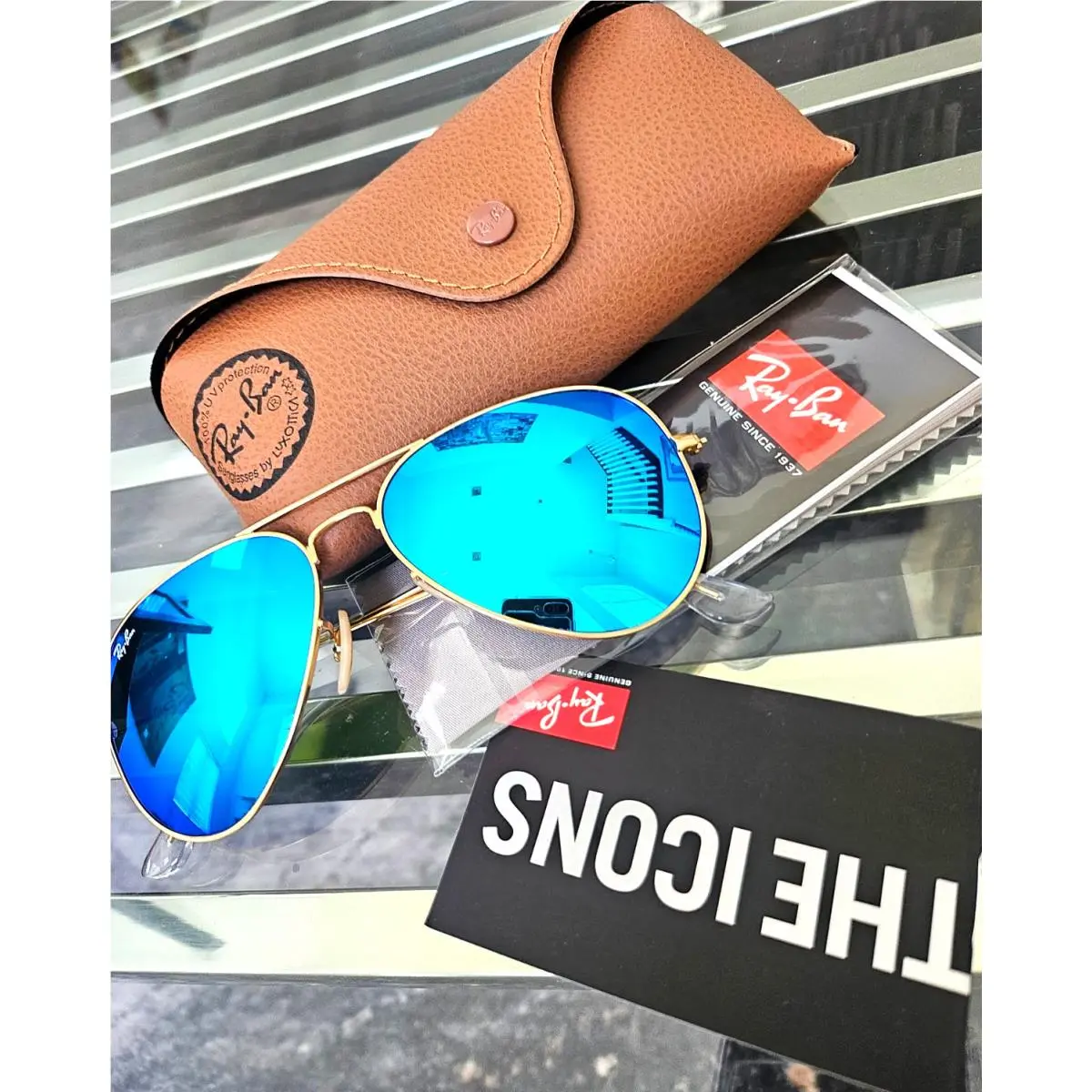 Ray-ban Aviator RB3025 58MM Aqua Blue Crystal Mirrored Sunglasses Gold Frame by Ray-Ban