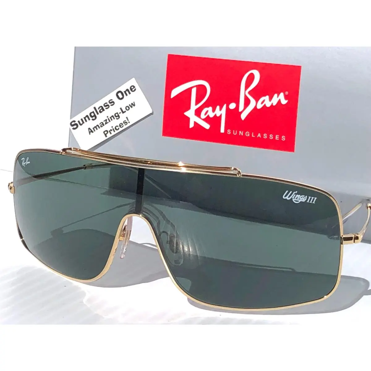 Ray Ban Wings 3 Polished Arista Gold Frame Green Lens Sunglass RB 3897 001/71