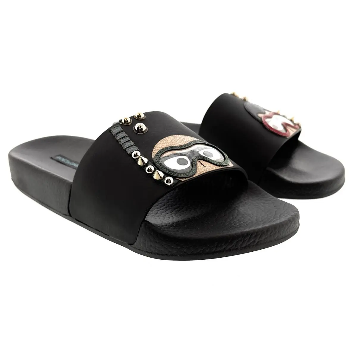 Dolce Gabbana Black Cartoon-detail Slides with Stud Embellishments-EU38