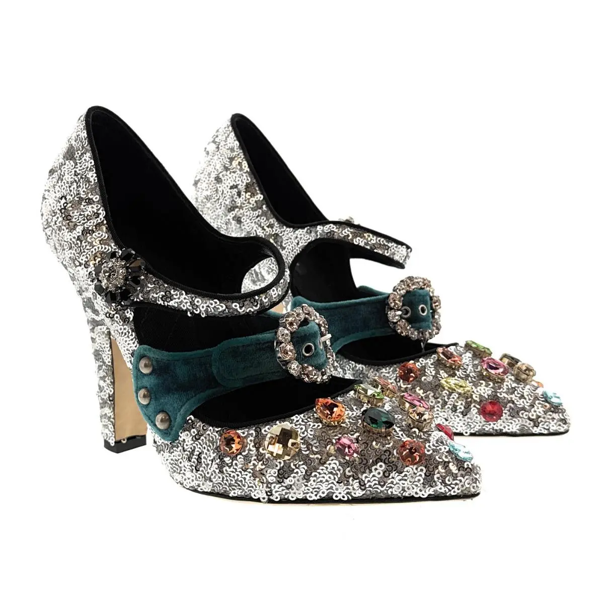 Dolce Gabbana Silver Sequin Mary Jane Pumps with Jeweled Velvet Strap-39