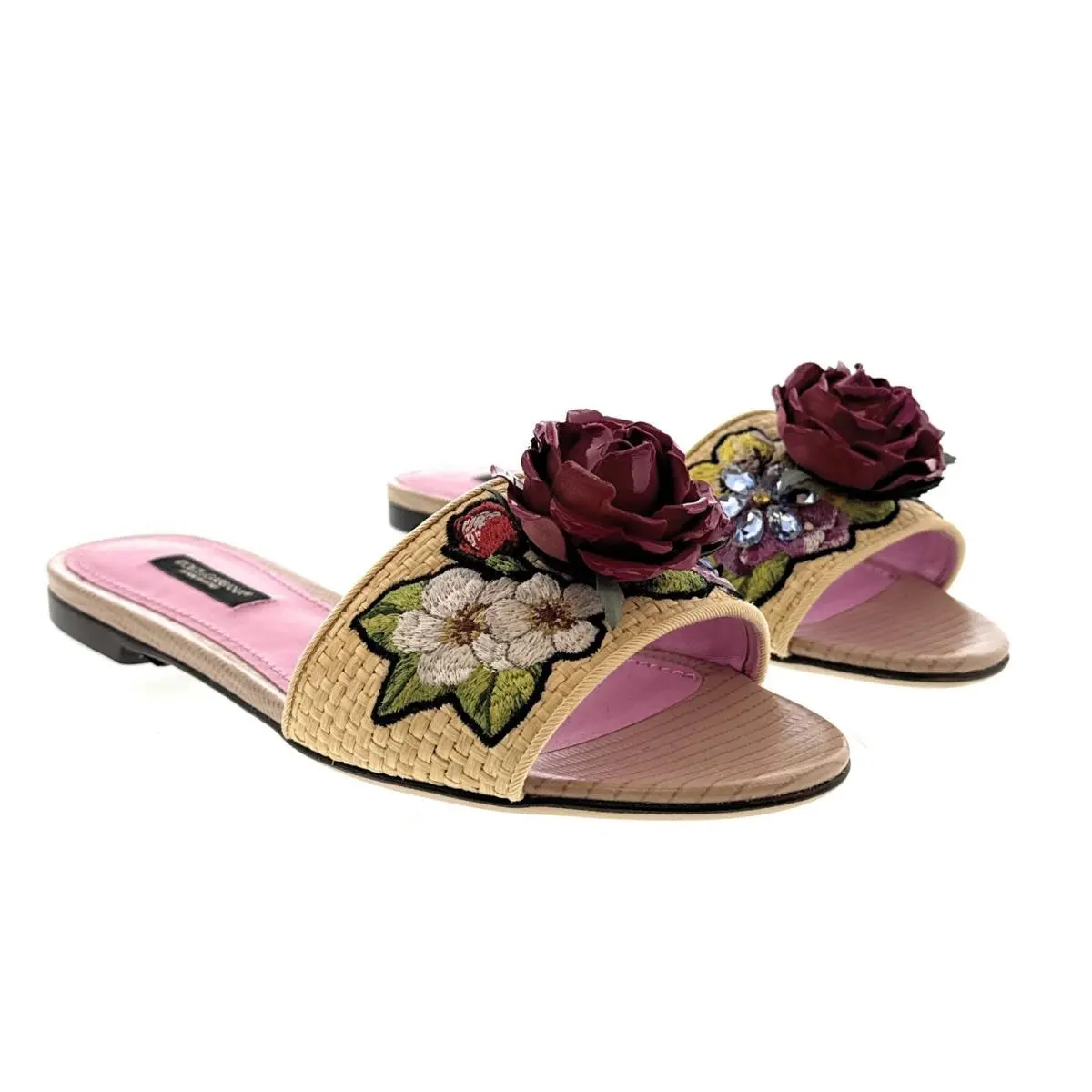 Dolce Gabbana Beige Rafia Floral Embellished Slippers-36