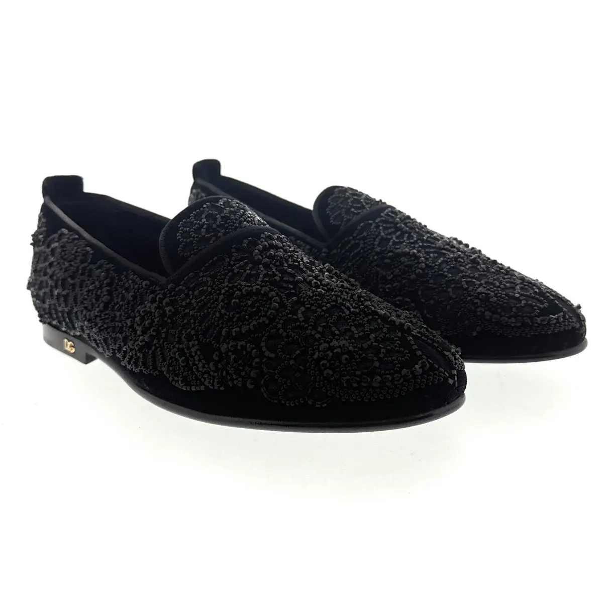 Dolce Gabbana Men`s Black Velvet Loafers with Beaded Lace Detailing-EU40