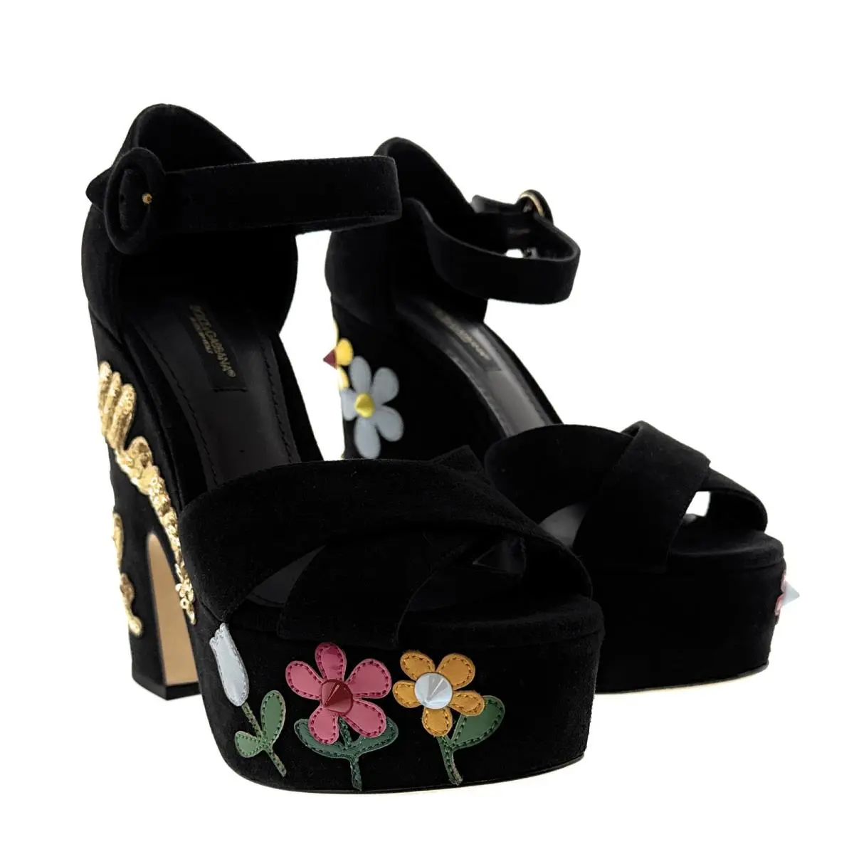 Dolce Gabbana Floral Embellished Black Velvet Platform Sandals-EU35