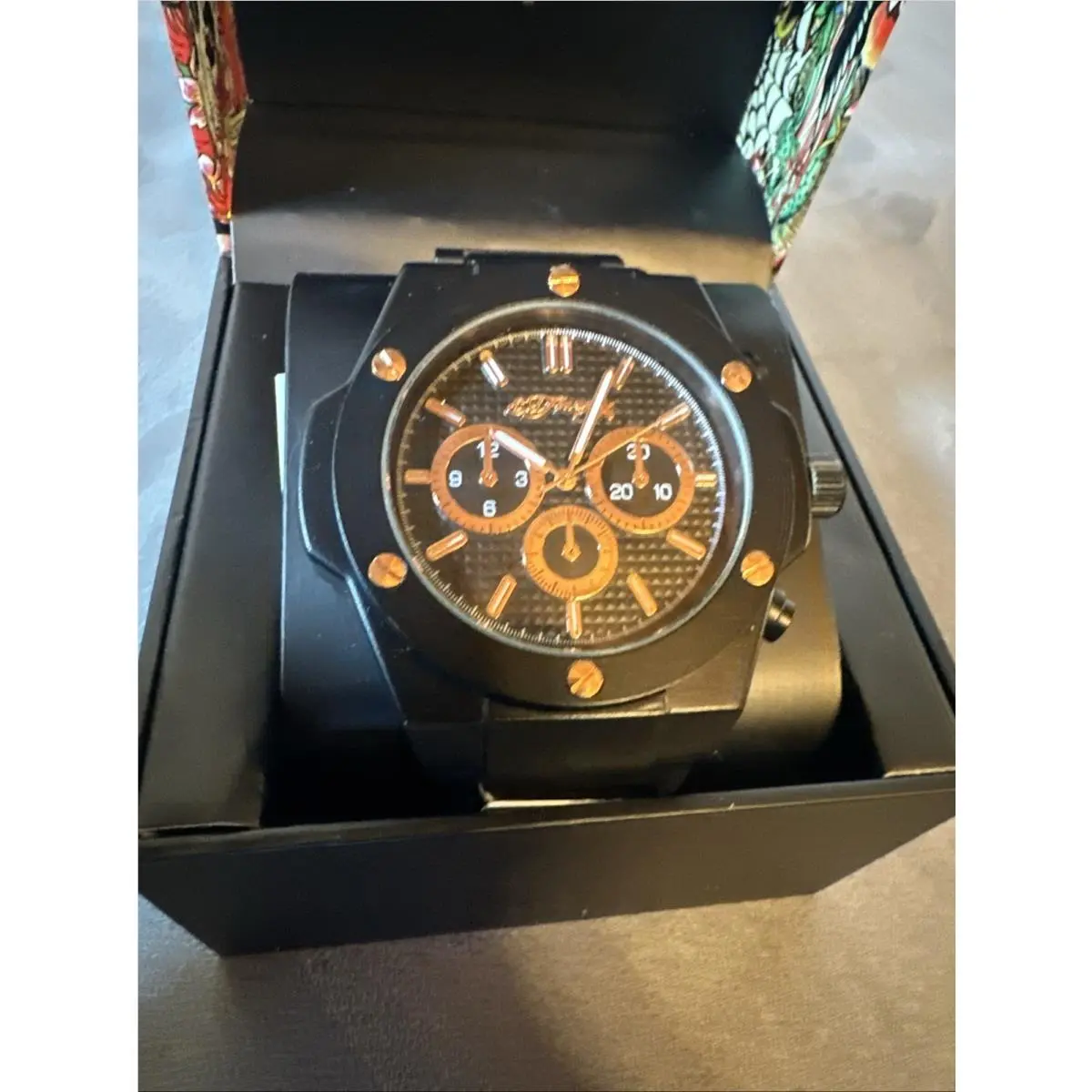 Ed Hardy Watch Black Stainless Steel Rose Gold Quartz Screw Accent