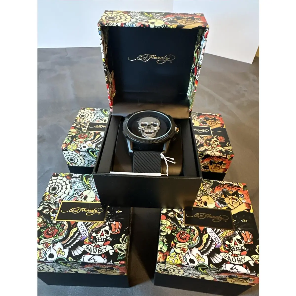Ed Hardy Silver Skull Wristwatch Watch Black Silicone Band